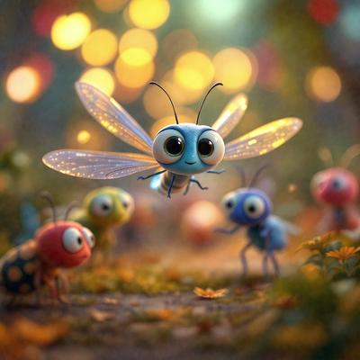 The primary subject of the image is a blue and yellow butterfly flying in the air. The setting is a forest with a grassy area, and the visual style is a digital art illustration. The colors and mood of the image are vibrant and lively, with the blue and yellow butterfly being the main focus of the scene.
